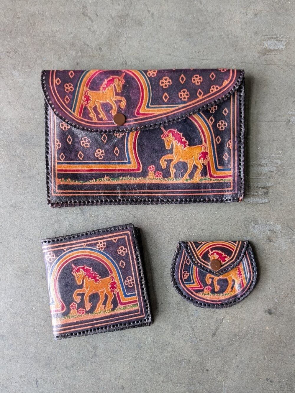 Vintage Unicorn Colorful Tooled Leather Clutch Wallet Coin Purse Set